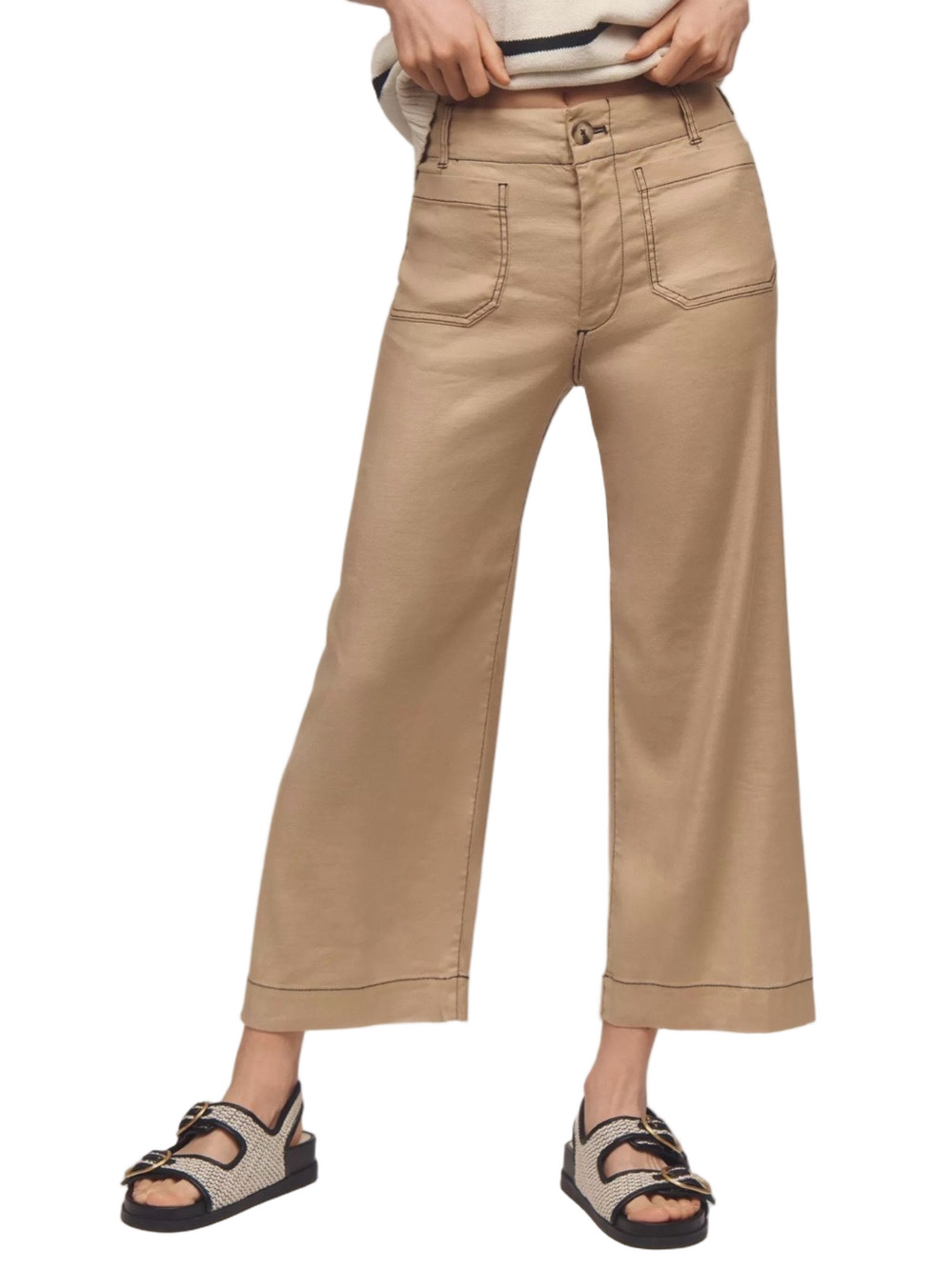 Maeve Colette Cropped Wide-Leg Pants Contrast-Stitch Khaki Sz 32 Anthropologie